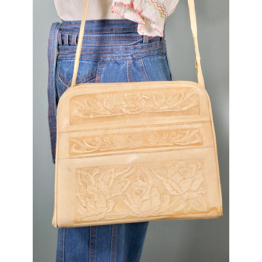 Vintage 1960s Tooled Leather Bag Off White Ivory 60s Boho Western Hippie Purse